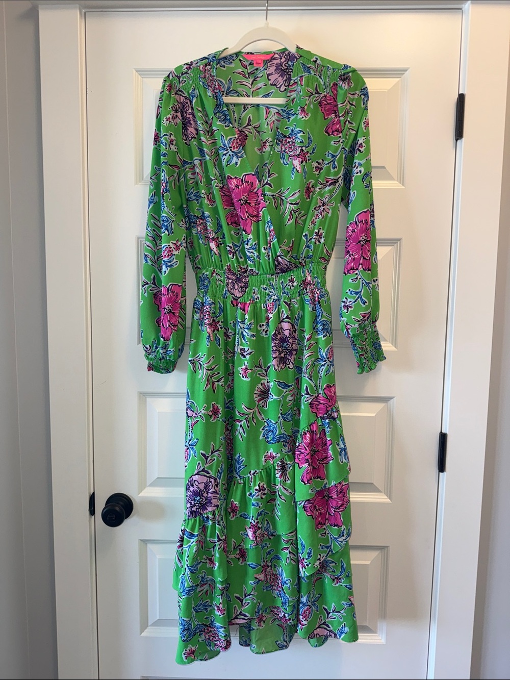 Lilly Pulitzer Bright Green Floral Midi Dress with Pink & Purple Flowers - Picture 2 of 5